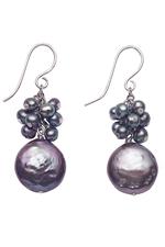 Black pebble pearl cluster drop earrings