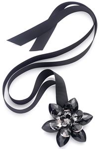 Black crystal flower ribbon necklace