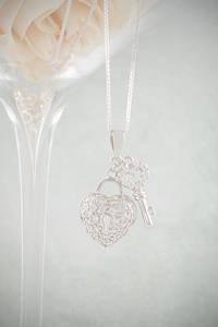 Silver Crystal Heart and Key Necklace