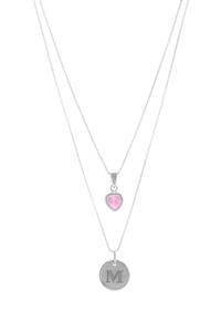 Double-strand Signature Pendant Pink CZ Heart Necklace