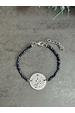 Silver Plated Filigree Disc and Navy Bead Bracelet