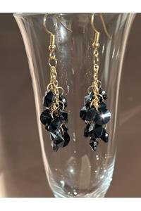 Long Gold Plated Navy Crystal Bead Earrings