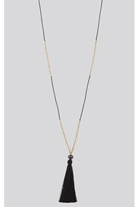 Long Black Cord and Gold Bead Tassel Necklace