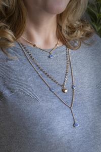 Long Triple Strand Gold Blue Chalcedony Necklace