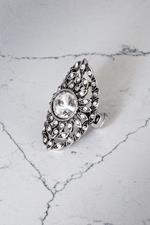 Silver Gunmetal Crystal Flower Stretch Ring