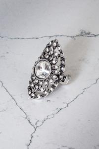 Silver Gunmetal Crystal Flower Stretch Ring